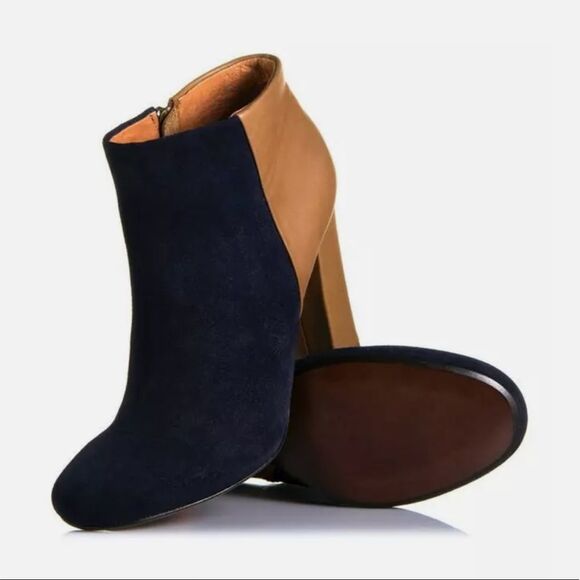 Joie Bright FIre Boot Navy Cognac Taupe Suede Leather Round toe Zipper Sz 9.5 - Picture 2 of 4